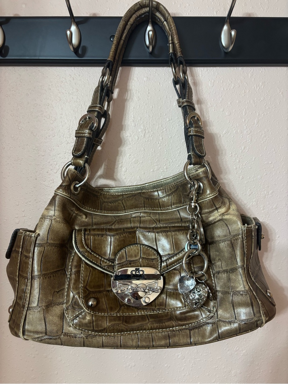 Vintage Kathy Van Zeeland Gold Croc-Embossed Shoulder Bag with Chain Charm